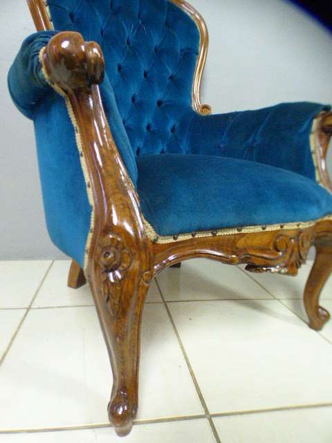 2 gorgeous Victorian arm chairs with deep button detailing & stunning, vibrant blue fabric