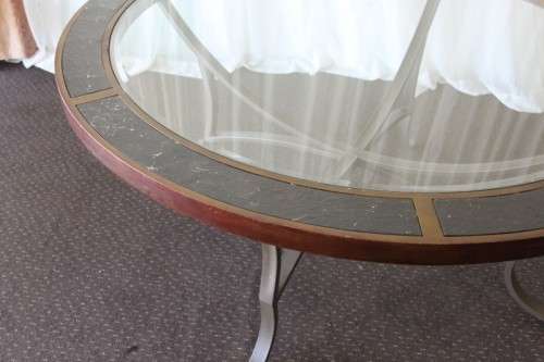 A stunning "All-Weather" patio table with bevelled glass top & 6x chairs with upholstered seats RS17