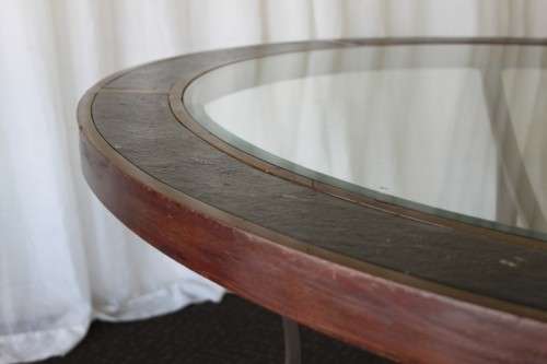 A stunning "All-Weather" patio table with bevelled glass top & 6x chairs with upholstered seats RS17