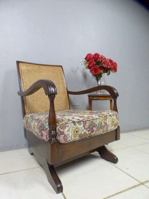 A gorgeous vintage light Imbuia rattan backed rocking chair, fantastic in a sun room, patio, porch!!