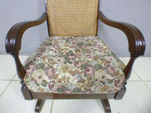 A gorgeous vintage light Imbuia rattan backed rocking chair, fantastic in a sun room, patio, porch!!