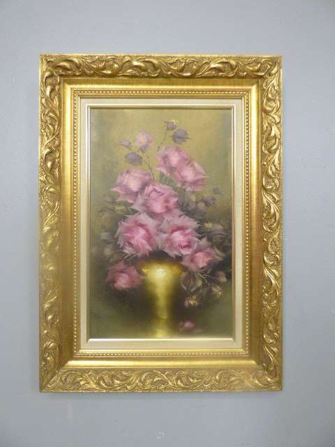 A spectacularly framed original signed "Jeanette Dykman" still life oil painting of pink roses!!