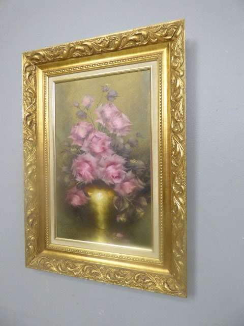 A spectacularly framed original signed "Jeanette Dykman" still life oil painting of pink roses!!