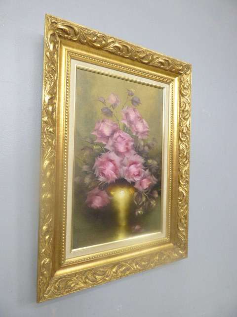 A spectacularly framed original signed "Jeanette Dykman" still life oil painting of pink roses!!