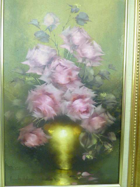 A spectacularly framed original signed "Jeanette Dykman" still life oil painting of pink roses!!