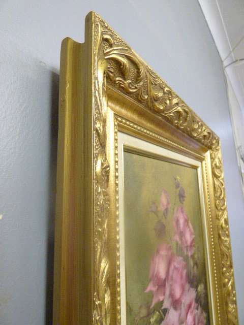 A spectacularly framed original signed "Jeanette Dykman" still life oil painting of pink roses!!