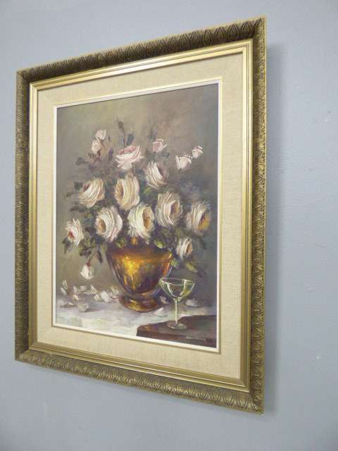 Fantastic large original signed "Santa Pheiffer" oil painting of roses framed in a stunning frame!