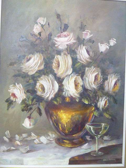Fantastic large original signed "Santa Pheiffer" oil painting of roses framed in a stunning frame!