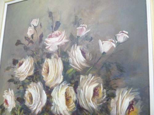 Fantastic large original signed "Santa Pheiffer" oil painting of roses framed in a stunning frame!