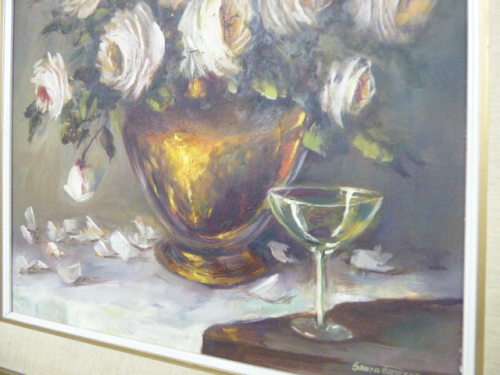 Fantastic large original signed "Santa Pheiffer" oil painting of roses framed in a stunning frame!