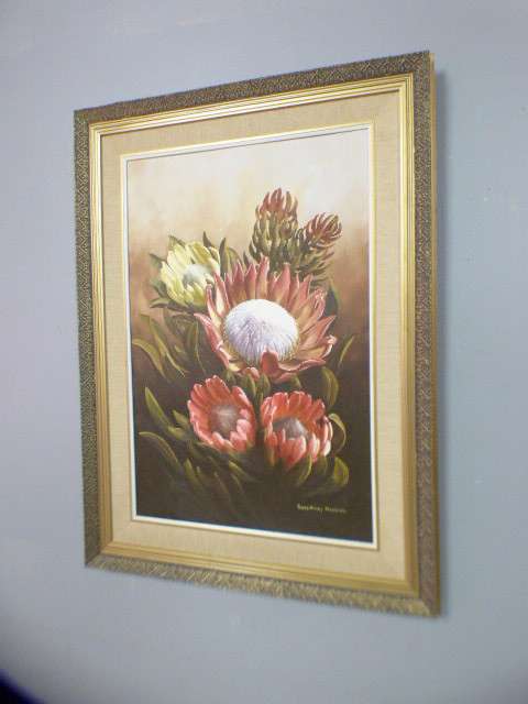 A superb (large) signed and framed oil painting of King Proteas by renowned artist Rose-Mary Hacking