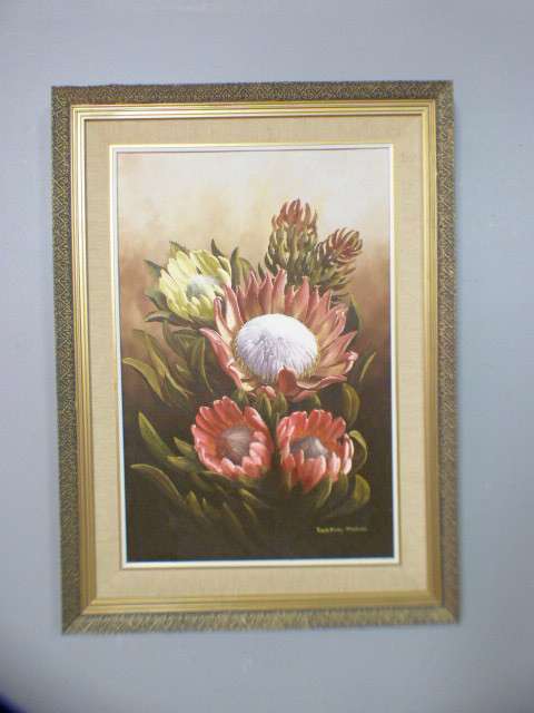 A superb (large) signed and framed oil painting of King Proteas by renowned artist Rose-Mary Hacking