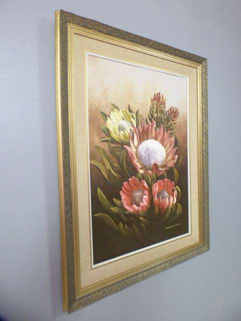 A superb (large) signed and framed oil painting of King Proteas by renowned artist Rose-Mary Hacking