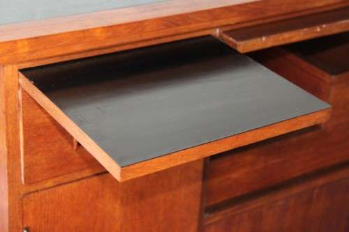 An extraordinary solid teak compact bar unit with solid green marble top and carved detailing