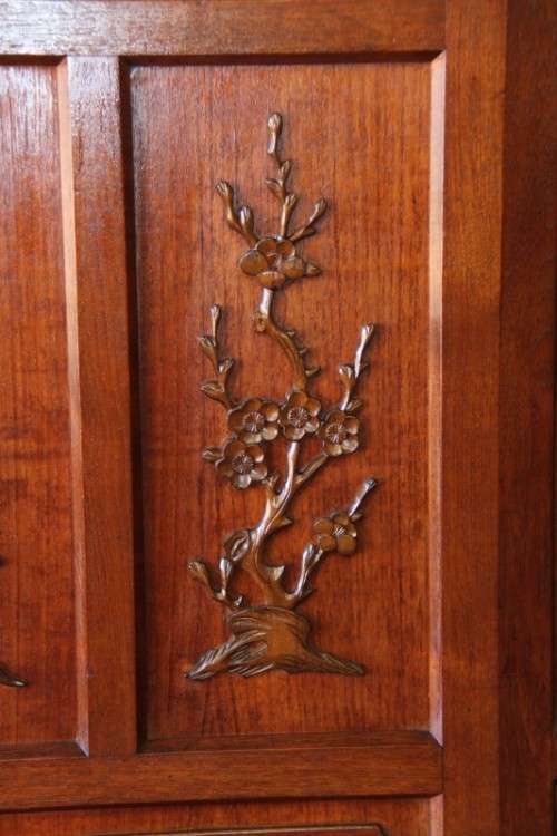 An extraordinary solid teak compact bar unit with solid green marble top and carved detailing