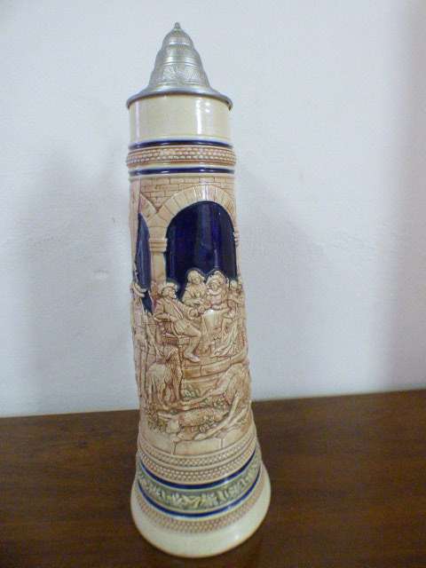 An incredible x-large Gerzit made stoneware (lidded) Stein w/ traditional hand glazed detailing
