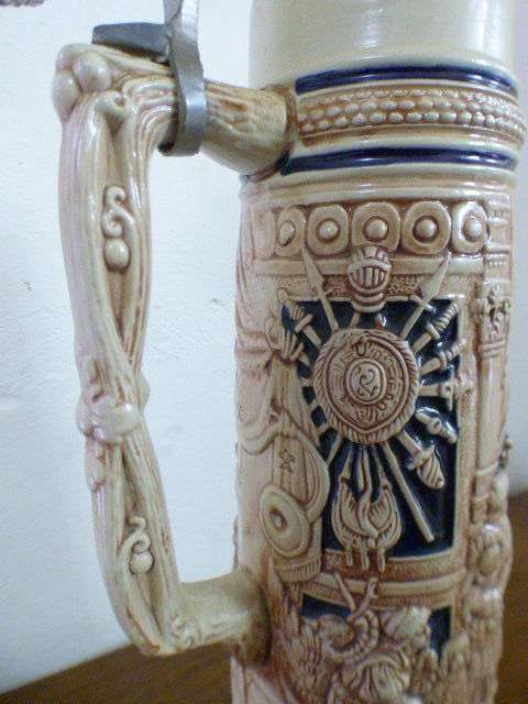 An incredible x-large Gerzit made stoneware (lidded) Stein w/ traditional hand glazed detailing