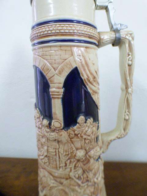 An incredible x-large Gerzit made stoneware (lidded) Stein w/ traditional hand glazed detailing
