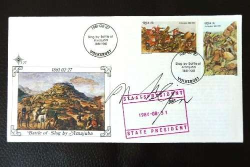 An RSA (1981) Battle of Amajuba FDC w/ stamps - signed by state president Marais Viljoen - RS17Sale