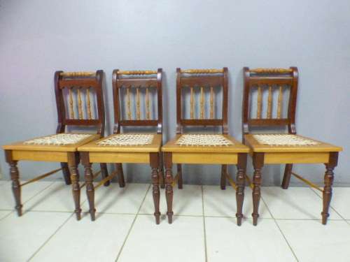 Four fabulous vintage solid yellow wood & imbuia riempie dining room chairs, beautiful!!! Bid/chair