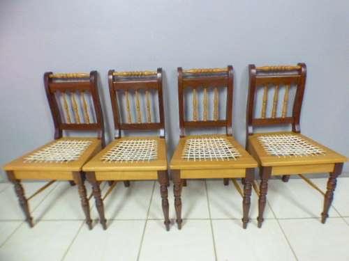 Four fabulous vintage solid yellow wood & imbuia riempie dining room chairs, beautiful!!! Bid/chair