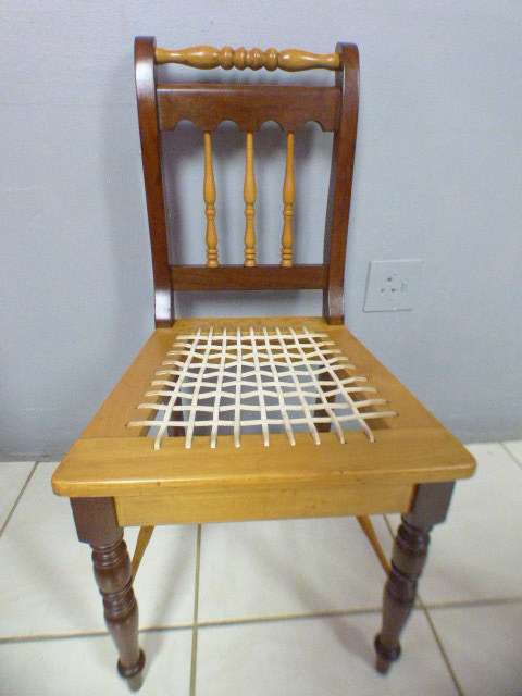 Four fabulous vintage solid yellow wood & imbuia riempie dining room chairs, beautiful!!! Bid/chair