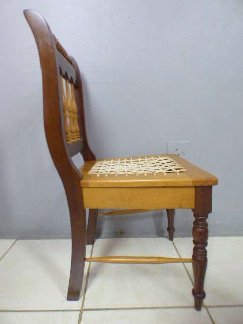 Four fabulous vintage solid yellow wood & imbuia riempie dining room chairs, beautiful!!! Bid/chair