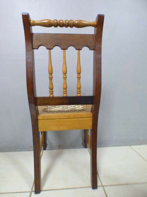 Four fabulous vintage solid yellow wood & imbuia riempie dining room chairs, beautiful!!! Bid/chair