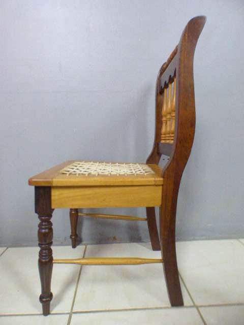 Four fabulous vintage solid yellow wood & imbuia riempie dining room chairs, beautiful!!! Bid/chair