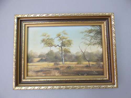 A beautiful signed and framed "V Jones" bushveld landscape oil painting in good condition; RS17Sale