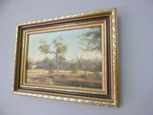 A beautiful signed and framed "V Jones" bushveld landscape oil painting in good condition; RS17Sale
