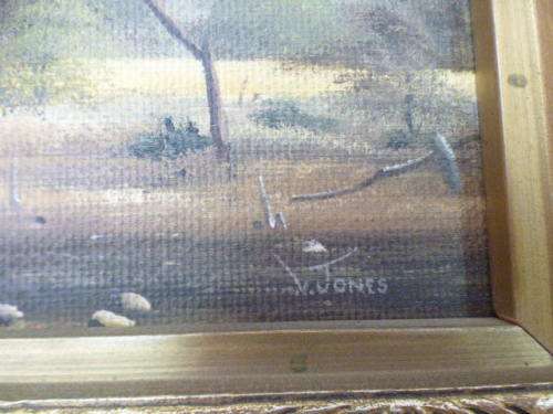 A beautiful signed and framed "V Jones" bushveld landscape oil painting in good condition; RS17Sale