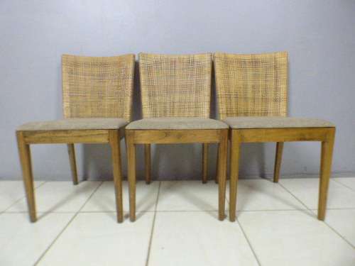 Three fabulous vintage rattan backed dining room chairs w/ upholstered seats, beautiful!!! Bid/chair