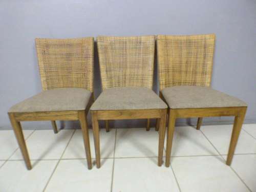 Three fabulous vintage rattan backed dining room chairs w/ upholstered seats, beautiful!!! Bid/chair
