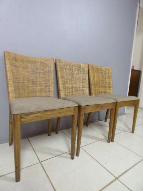 Three fabulous vintage rattan backed dining room chairs w/ upholstered seats, beautiful!!! Bid/chair