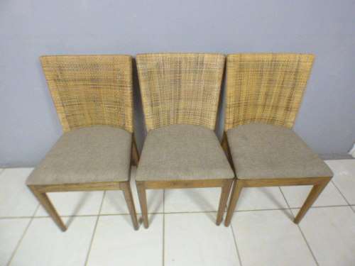 Three fabulous vintage rattan backed dining room chairs w/ upholstered seats, beautiful!!! Bid/chair