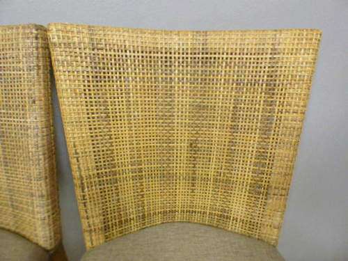 Three fabulous vintage rattan backed dining room chairs w/ upholstered seats, beautiful!!! Bid/chair