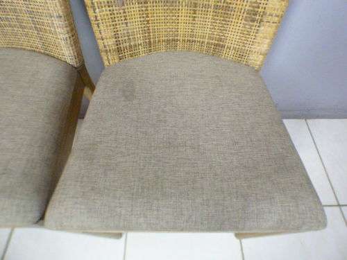 Three fabulous vintage rattan backed dining room chairs w/ upholstered seats, beautiful!!! Bid/chair