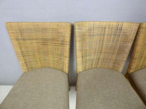 Three fabulous vintage rattan backed dining room chairs w/ upholstered seats, beautiful!!! Bid/chair