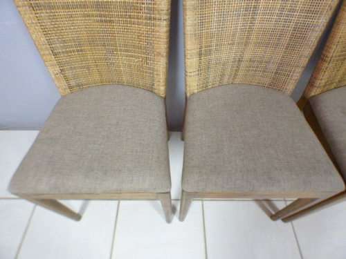 Three fabulous vintage rattan backed dining room chairs w/ upholstered seats, beautiful!!! Bid/chair