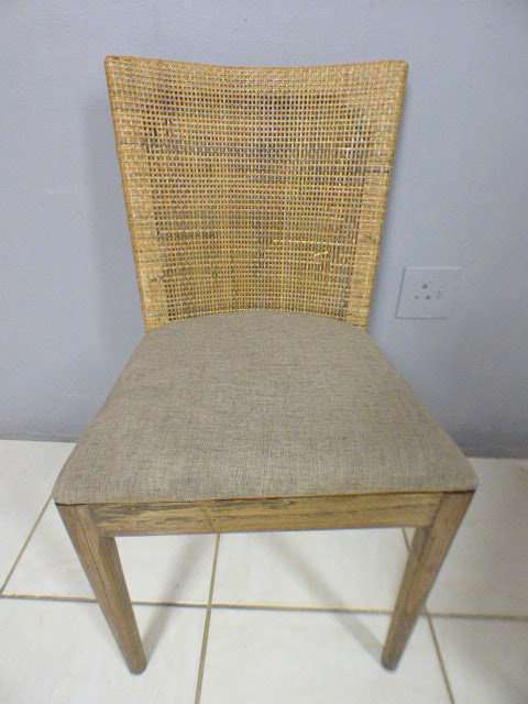 Three fabulous vintage rattan backed dining room chairs w/ upholstered seats, beautiful!!! Bid/chair