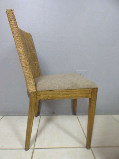 Three fabulous vintage rattan backed dining room chairs w/ upholstered seats, beautiful!!! Bid/chair