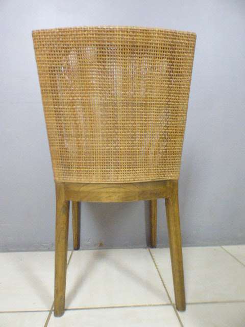 Three fabulous vintage rattan backed dining room chairs w/ upholstered seats, beautiful!!! Bid/chair