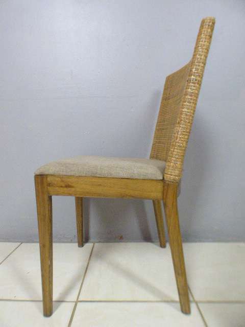 Three fabulous vintage rattan backed dining room chairs w/ upholstered seats, beautiful!!! Bid/chair