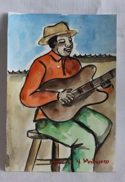 An incredible original signed unframed "Lucas V. Mahome" watercolour painting of a guitar player