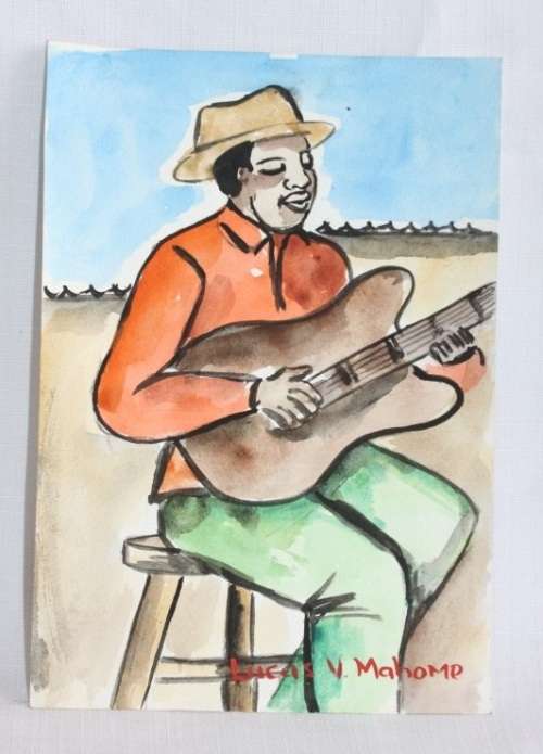 An incredible original signed unframed "Lucas V. Mahome" watercolour painting of a guitar player