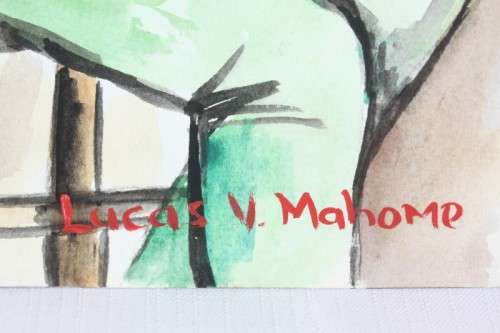 An incredible original signed unframed "Lucas V. Mahome" watercolour painting of a guitar player