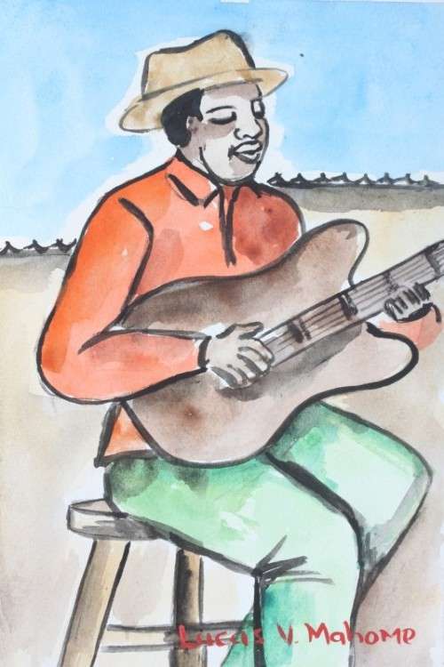 An incredible original signed unframed "Lucas V. Mahome" watercolour painting of a guitar player