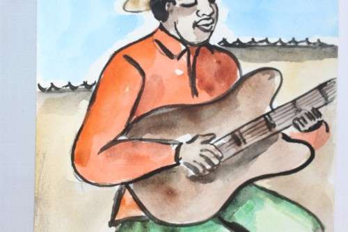 An incredible original signed unframed "Lucas V. Mahome" watercolour painting of a guitar player