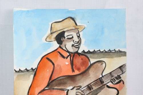 An incredible original signed unframed "Lucas V. Mahome" watercolour painting of a guitar player